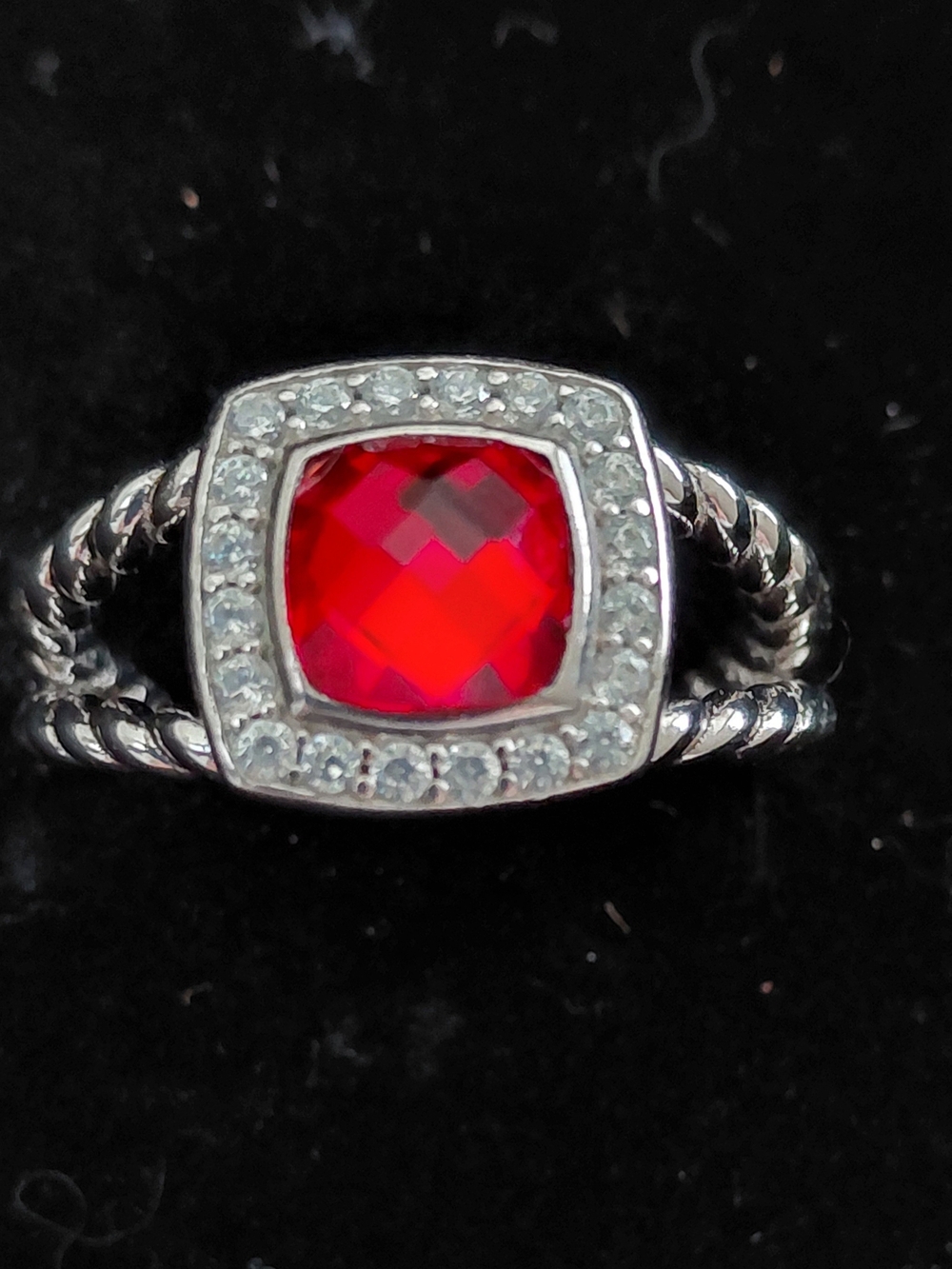 David Yurman Silver Ring with Red Cushion Gemstone and Pavé Halo - Picture 2 of 4